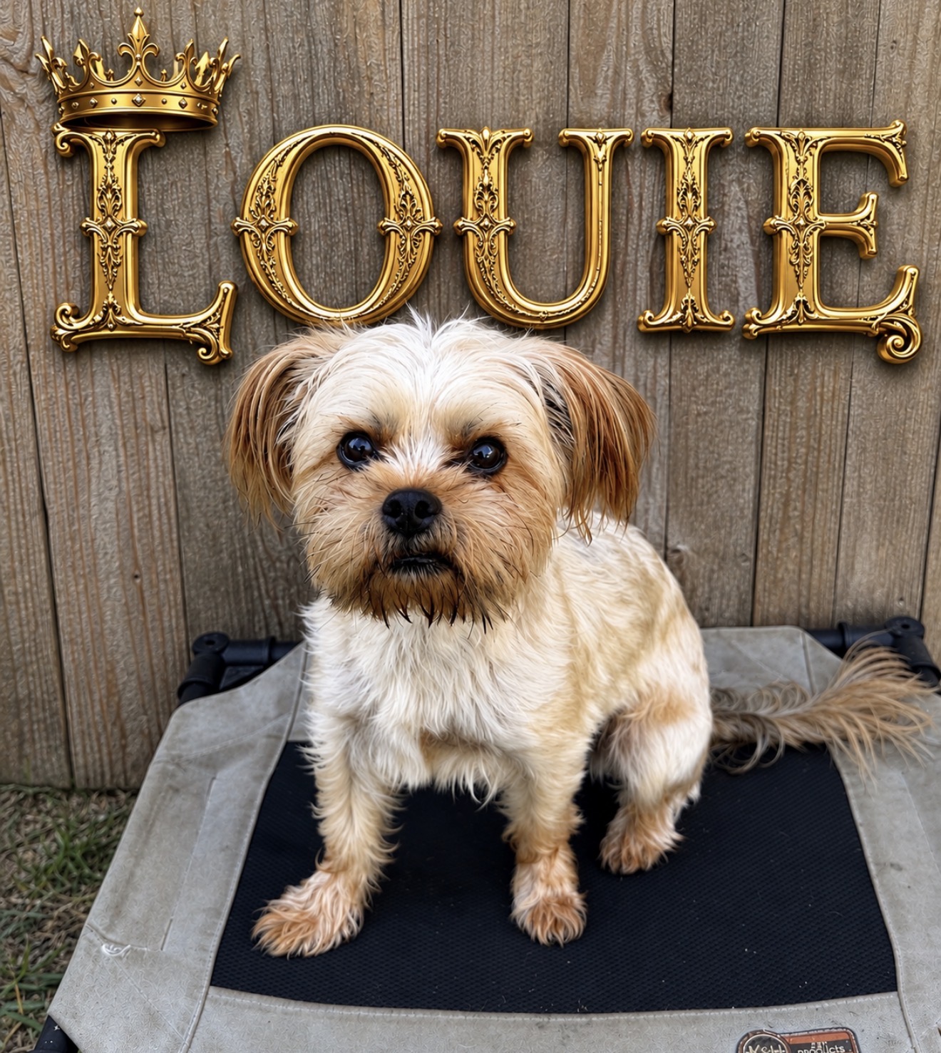 Louie, a fluffy tan dog on a raised training bed with decorative gold Louie lettering.